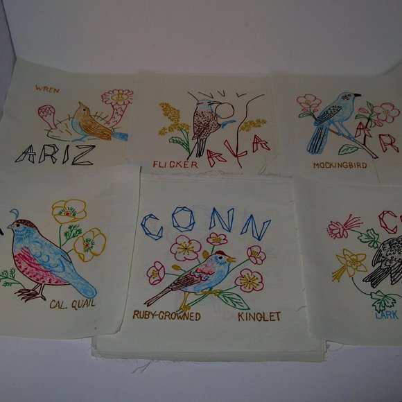 Set of 50 Tri-Chem PAINTED STATE BIRDS Muslin Quilt 9" SQUARES Ready to sew B